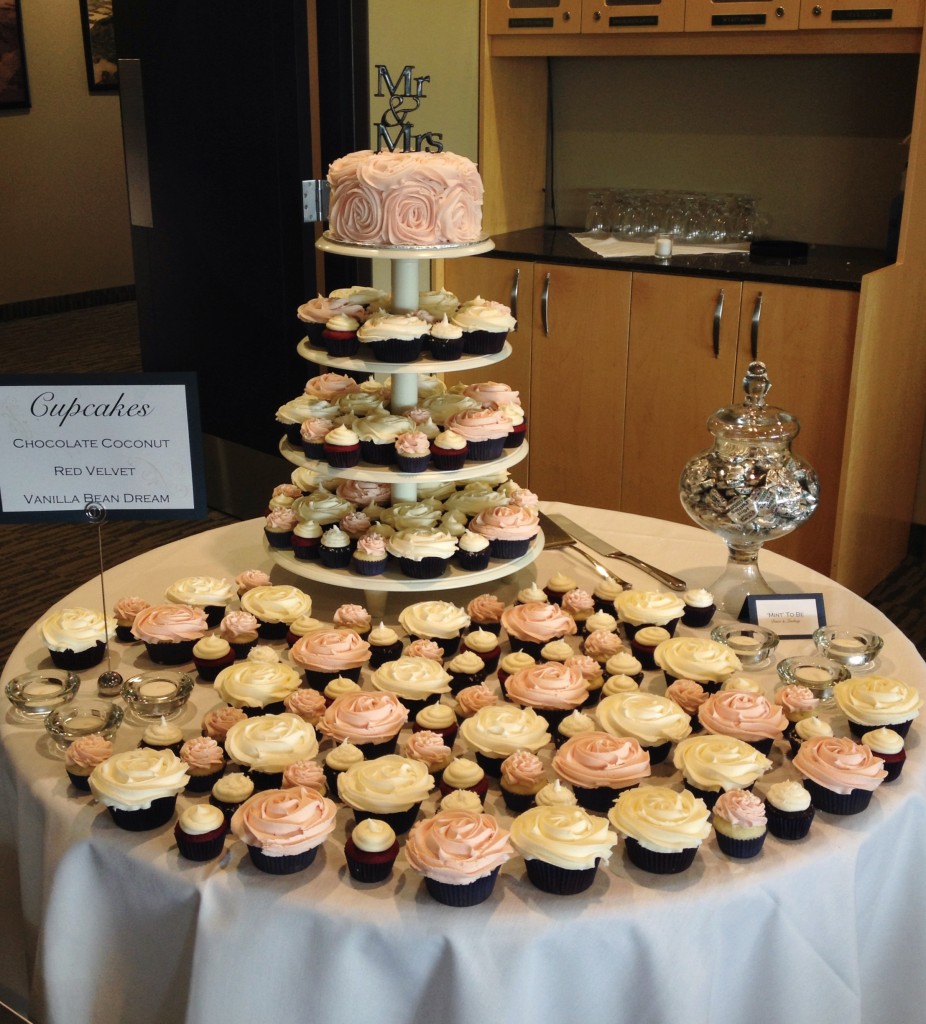 Cupcake tower with rose buttercream icing details in Edmonton