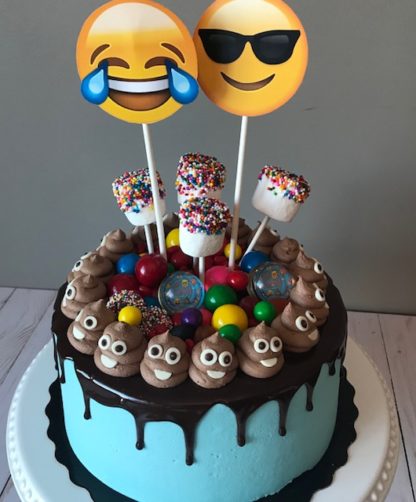 emoji cake, buttercream icing, poop emoji, candy, chocolate ganache