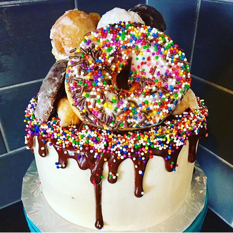 donut cake, chocolate ganache, sprinkles, buttercream icing